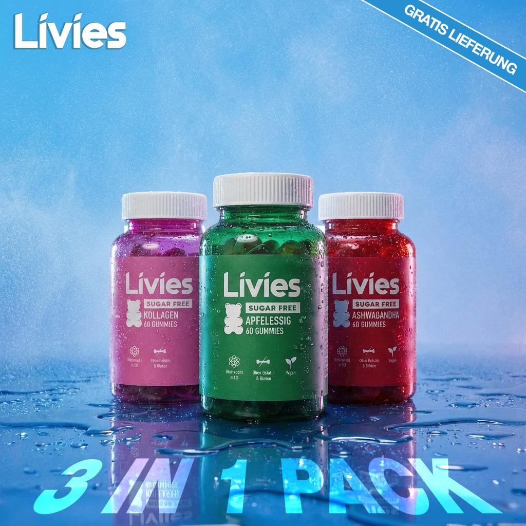 Livies 3-in-1 Frühlings Bundle – Ashwagandha • Apfelessig • Kollagen, Zuckerfrei, 180 Stück, Halal, 