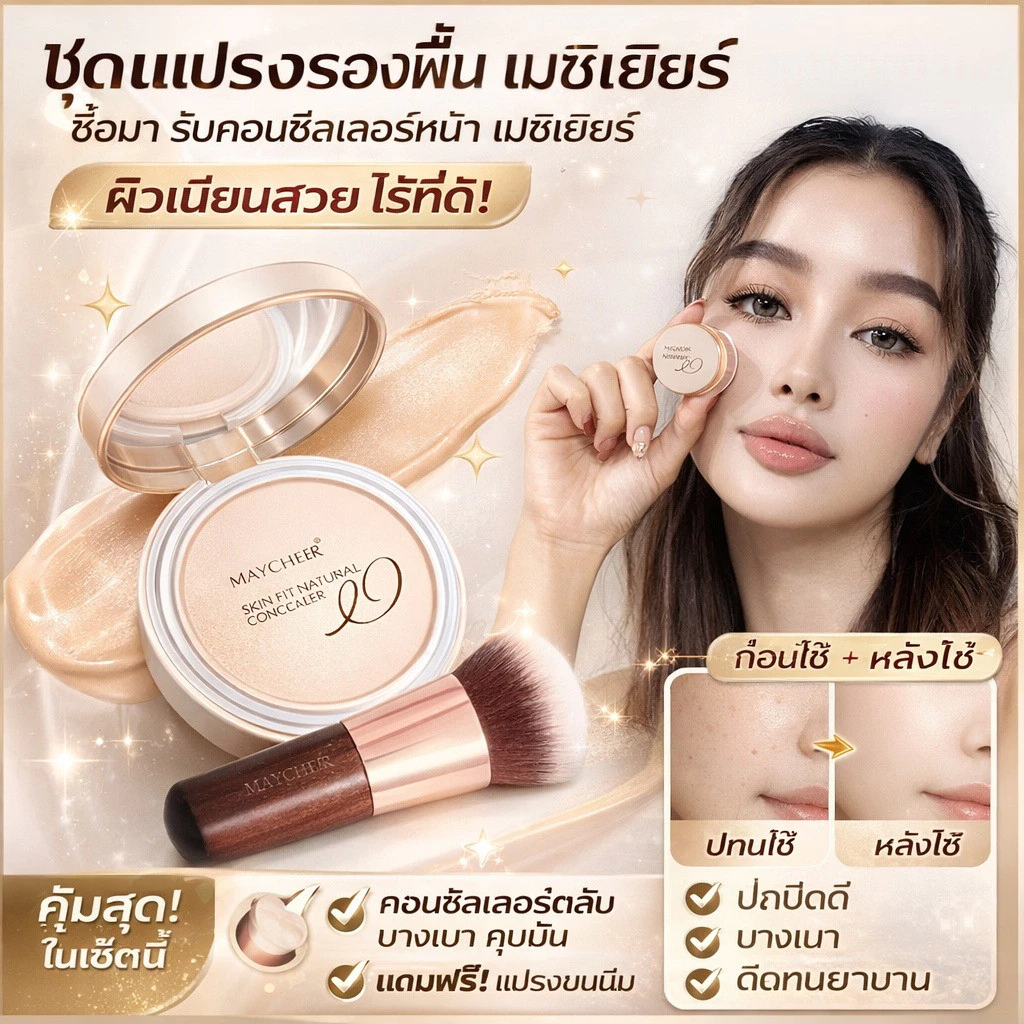 คอนซีลเลอร์ติดทน 24 ชม. ปกปิดเนียนกริบ สูตรบางเบาไม่เป็นคราบ กันน้ำกันเหงื่อ แถมแปรงรองพื้นคุณภาพดี พิกัดคอนซีลเลอร์เด็ด ปรับสีผิวสม่ำเสมอ ปกปิดรอยสิว ถูกใจสาวไทย