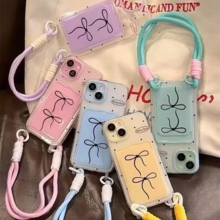 ส่งของเร็ว เคสสำหรับไอโฟน11 ลายจุดโบว์ดำ เคสช่องใส่การ์ดสายข้อมือ For iPhone17 16 11 12 13PROMAX 14 15PLUS 7/8 SE2 XS XR