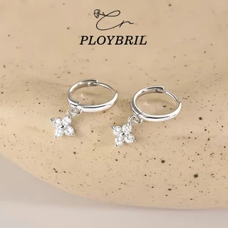 PLOYBRIL ต่างหูห่วงเงิน925 จี้โคลเวอร์เพชร🍀 วิ้งน่ารัก เก๋กรุบแบบติดแกรม E072