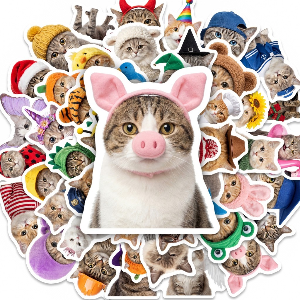 สติ๊กเกอร์ PVC กันน้ําแมวจริงเครื่องแต่งกายน่ารัก 50 ชิ้น