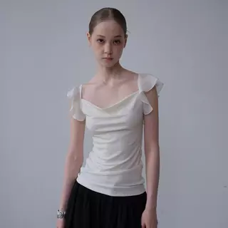 Bentoy พร้อมส่ง 2138 トップス เสื้อผู้หญิง ดีไซน์แขนสั้นระบาย ดีเทลด้านหลังทรงวีแต่งระบาย มีไซส์ให้เลือกSML