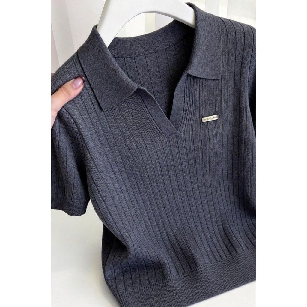 ฤดูร้อนใหม่สีเทาถักเสื้อโปโล|ผู้หญิงผอมบางสีทึบขนาดใหญ่เสื้อกล้ามแฟชั่นสบาย ๆ อารมณ์การเดินทางแขนสั้นกระแสเสื้อถัก