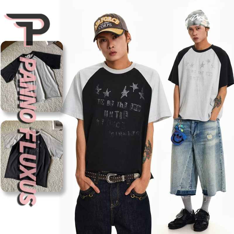 PannoFluxus เสื้อยืดผู้ชายแขนสั้น อเมริกันย้อนยุค สไตล์อินเทรนด์