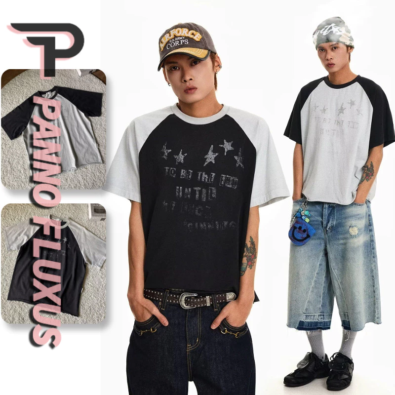 PannoFluxus เสื้อยืดผู้ชายแขนสั้น อเมริกันย้อนยุค สไตล์อินเทรนด์