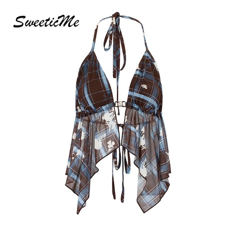 SweeticMe ผู้หญิง 2026 ใหม่แฟชั่นลายสก๊อตพิมพ์วันหยุดชายหาดเซ็กซี่ Backless Halter Camisole + ชุดกระโปรง