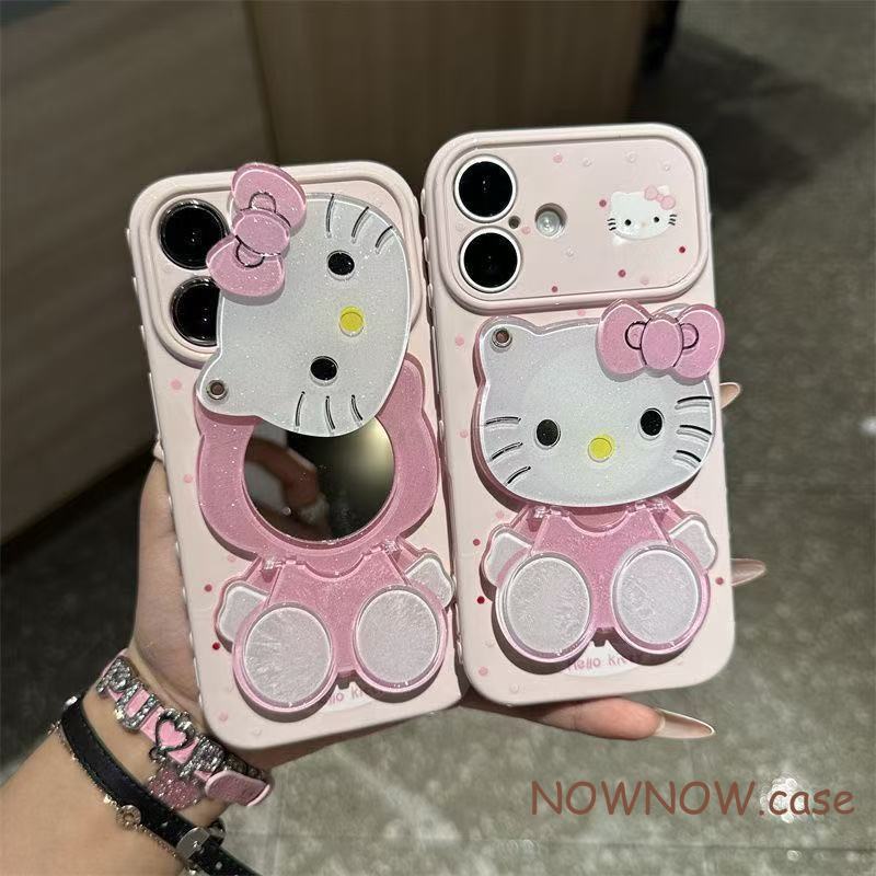 สําหรับ IPhone 17 16 15 14 plus 13 12 11 Pro Max 7 8 plus น่ารัก 3D Kitty กระจกขนาดใหญ่หน้าต่างโทรศัพท์กรณี soft cover