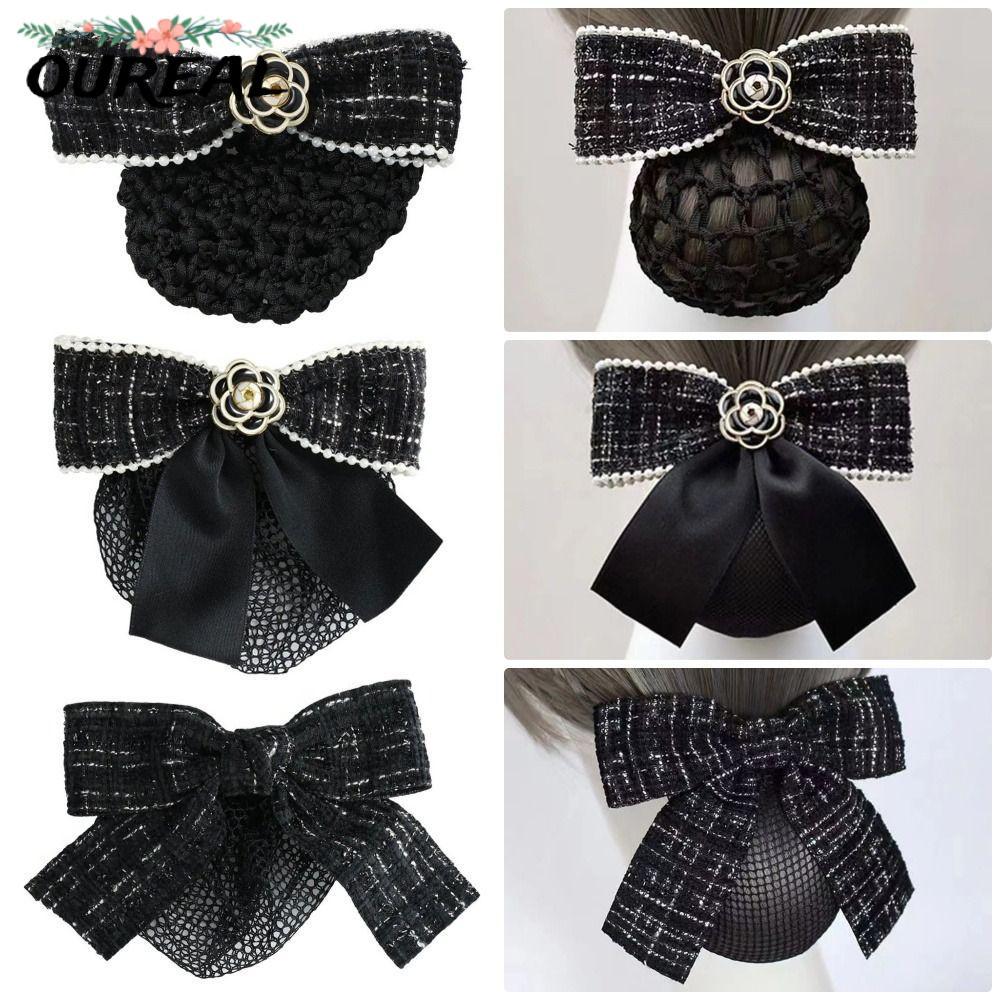 OUREAL 1 ชิ้นตาข่ายดอกไม้ Bowknot, Fine/Loose ตาข่ายคลิปผมมืออาชีพ,ทนทาน Bun Snood เครื่องประดับผมสําหรับ Light Attendant พยาบาล