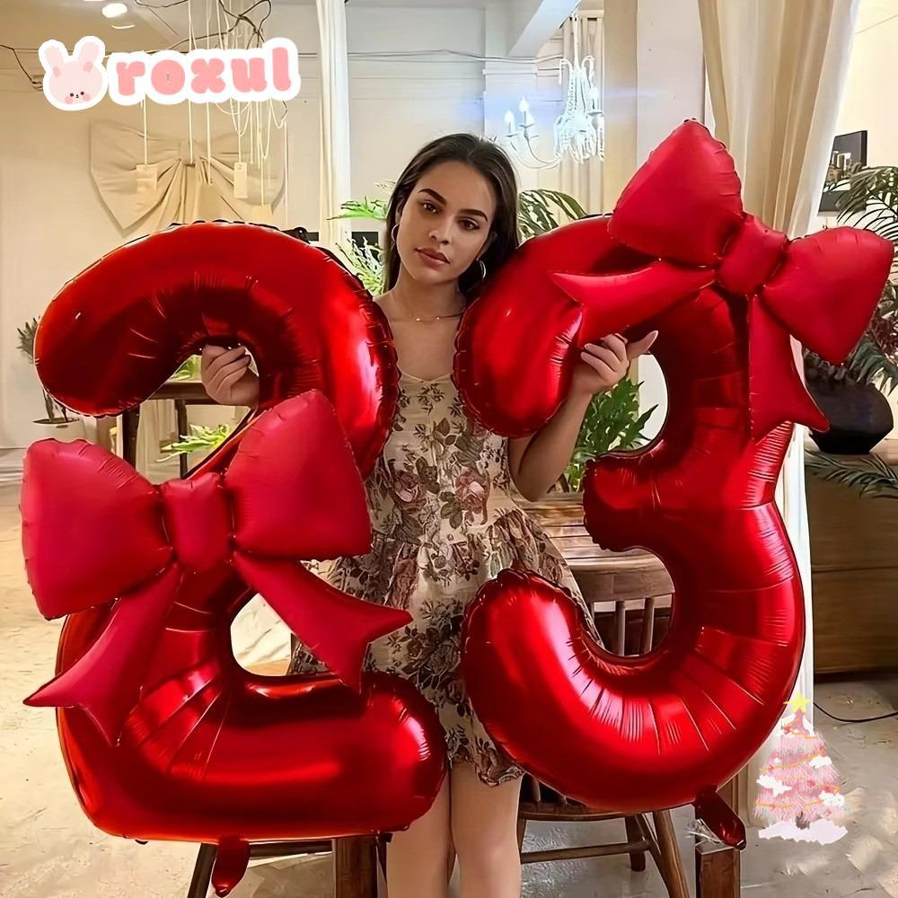 ลูกโป่งฟอยล์ โรซูล ตกแต่งครบรอบพร้อมโบว์สีแดงจํานวนลูกโป่งดิจิตอล0-9,แฟชั่นสีแดงขนาดใหญ่32นิ้วลูกโป่งงานเลี้ยงวันเกิด