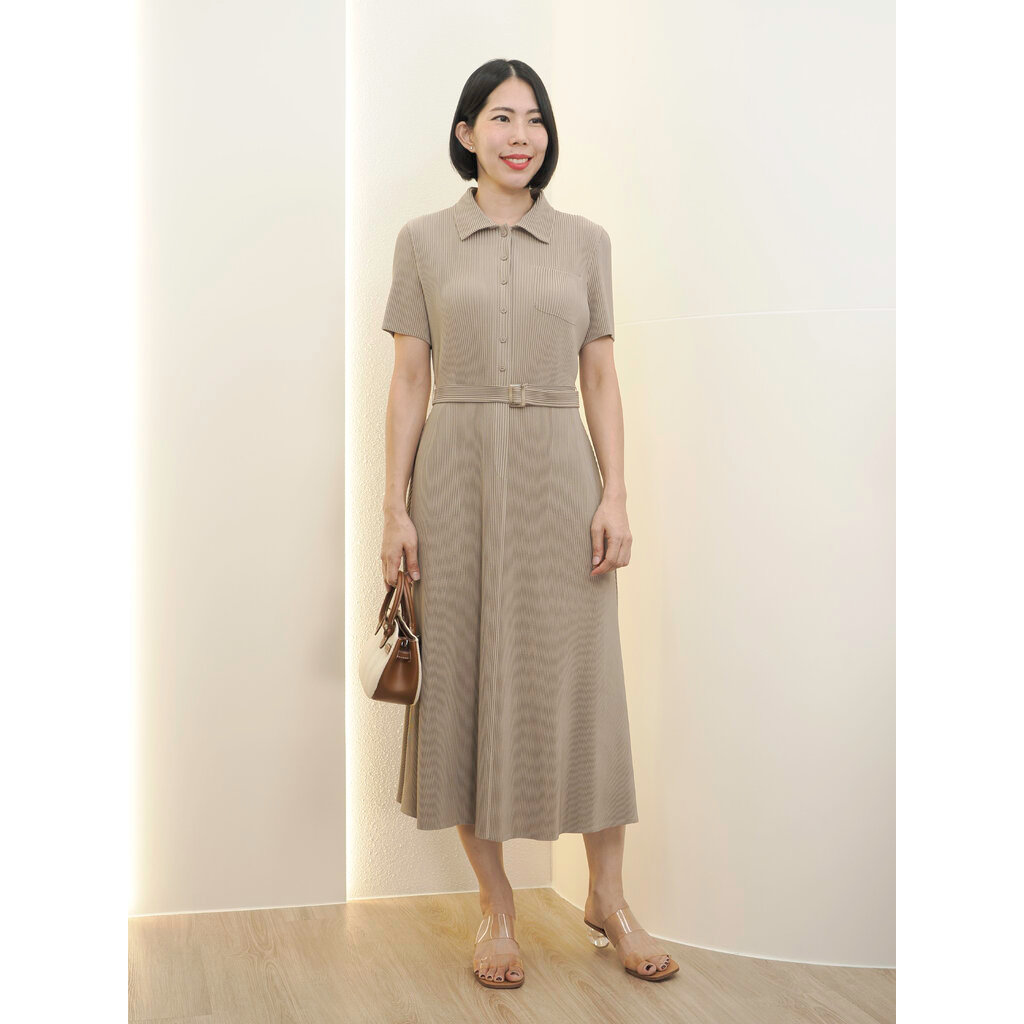 2MUAY รุ่น GJO11489 เดรสพลีทคุณภาพ THICK COLLAR BUTTON FRONT PLEATED DRESS 5 สี FREE SIZE