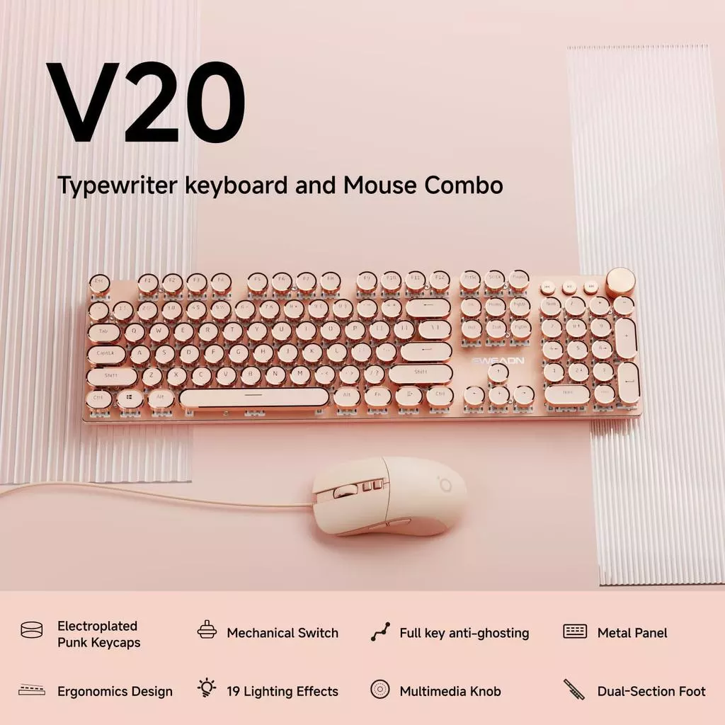 EWEADN คีย์บอร์ดและเมาส์ Combo สไตล์เครื่องพิมพ์ดีด 104 คีย์ มีไฟ LED thumbnail 3