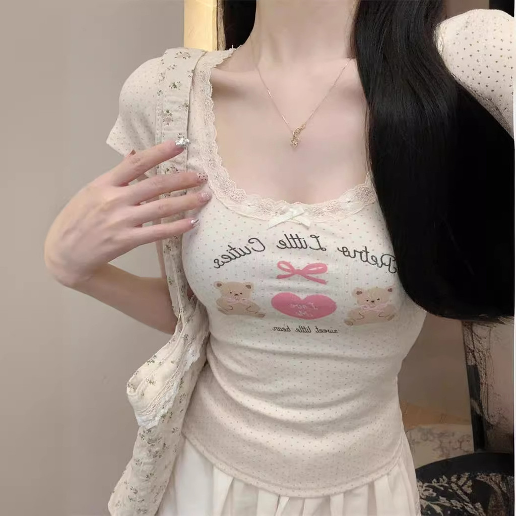 Girly Feeling Full Score t Original Du Home น่ารักการ์ตูน bm สไตล์เสื้อยืดหญิงแขนสั้นลูกไม้ OUNV