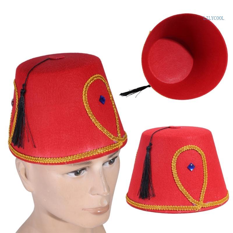 CH Elegant Fez Hat หมวกตุรกี Stylish Moroccan Headwear พร้อมรายละเอียดตกแต่ง