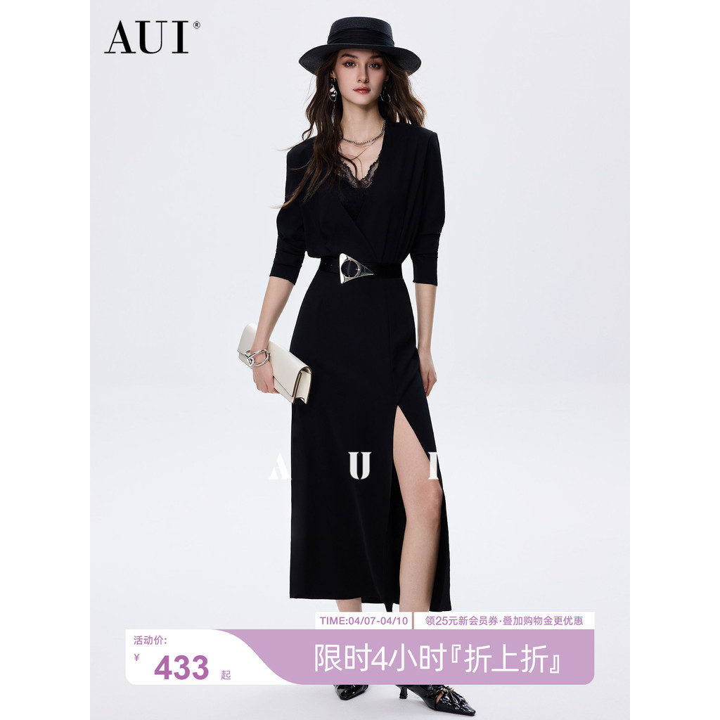 Aui สีดํา Hepburn สไตล์ V คอแขนยาวชุดผู้หญิง 2025 ฤดูใบไม้ผลิใหม่สไตล์ Classy Slim-Fit ยาว Slit สะโพ