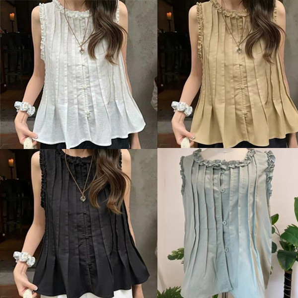 STYLE#เสื้อแขนกุดคอกลมสำหรับผู้หญิง ดีไซน์ระบายและจีบด้านหน้าพร้อมขอบลูกไม้ที่คอเสื้อ #W723