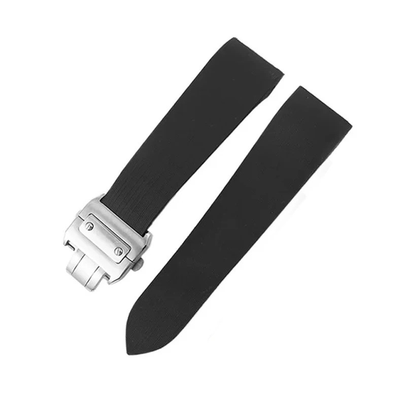 25mm Rubber Waterproof Watchband Fits for Cartier Santos 100 W2020007 Silicone Strap Silver  Folding
