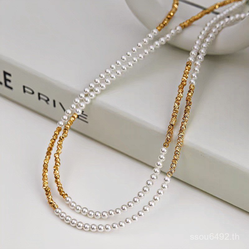 สไตล์ซ้อนหน้าแรกสวมมุกหรูหราสองชั้นบิดหรูหราโซ่ฝรั่งเศส Classy Clavicle แฟชั่นสร้อยคอหญิงลูกปัดผ้าไห