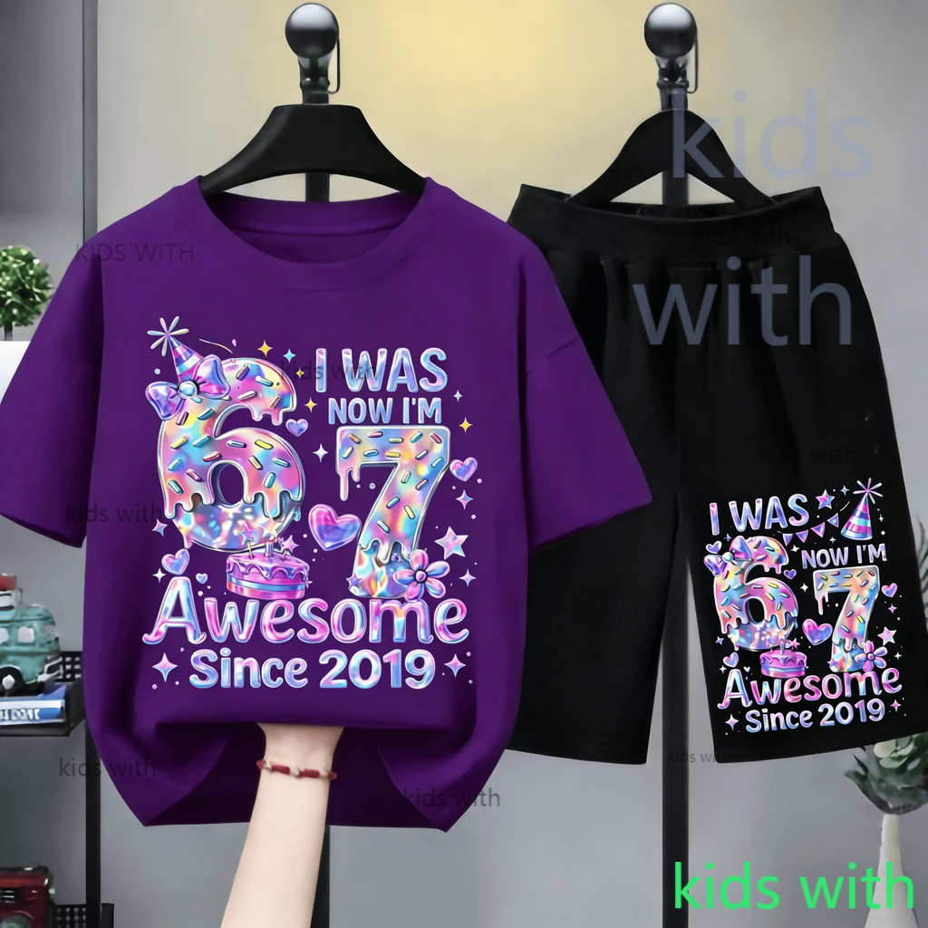 Awesome 67 Birthday Kids 2pcs Set | Holographic Print T-shirt + Shorts | Trendy Outfit | Thailand Vi