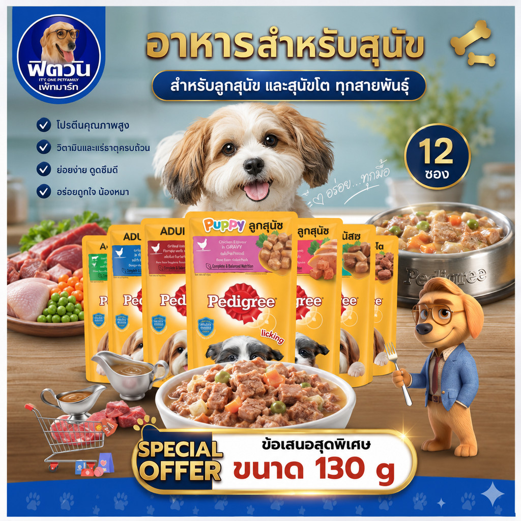 Pedigree อาหารเปียกสุนัขแบบซอง ขนาด 130กรัม**(X12ซอง)**{อาหารเปียกสุนัข}