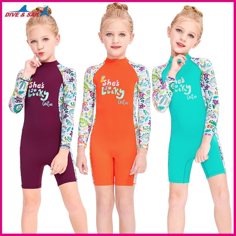 พร้อมสต็อก DIVE & SAIL ชุดว่ายน้ําเด็ก 0.5 มม. เด็กผู้หญิง Lycra วัสดุผ้าชิ้นเดียวครีมกันแดดซิปหลังท่อง