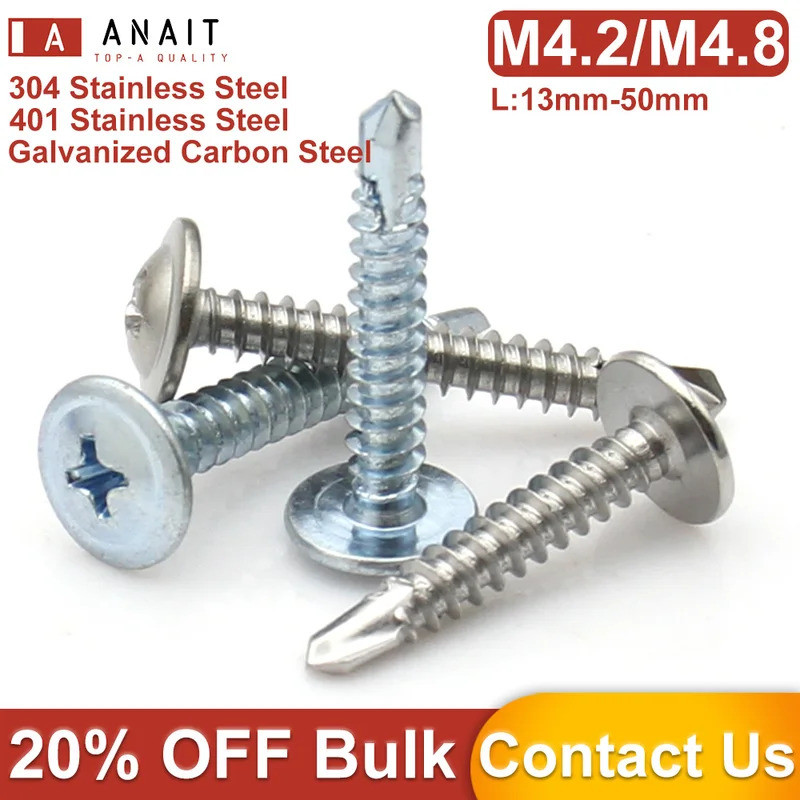 10pcs M4.2 M4.8 Zinc Plated Carbon Steel/410 SS/304 SS Cross Phillips Pan Flat Head Self Tapping Dri