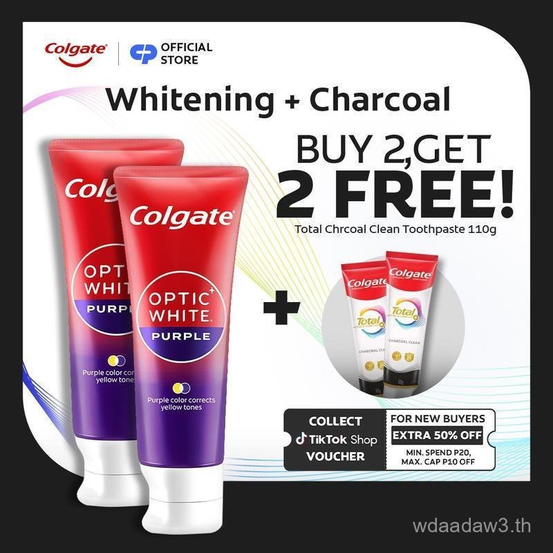 [ซื้อ 2, ฟรี 2] Colgate Optic White Purple 100g แพ็คคู่ + Colgate Total Twin Pack (คละตัวแปร) NRTT