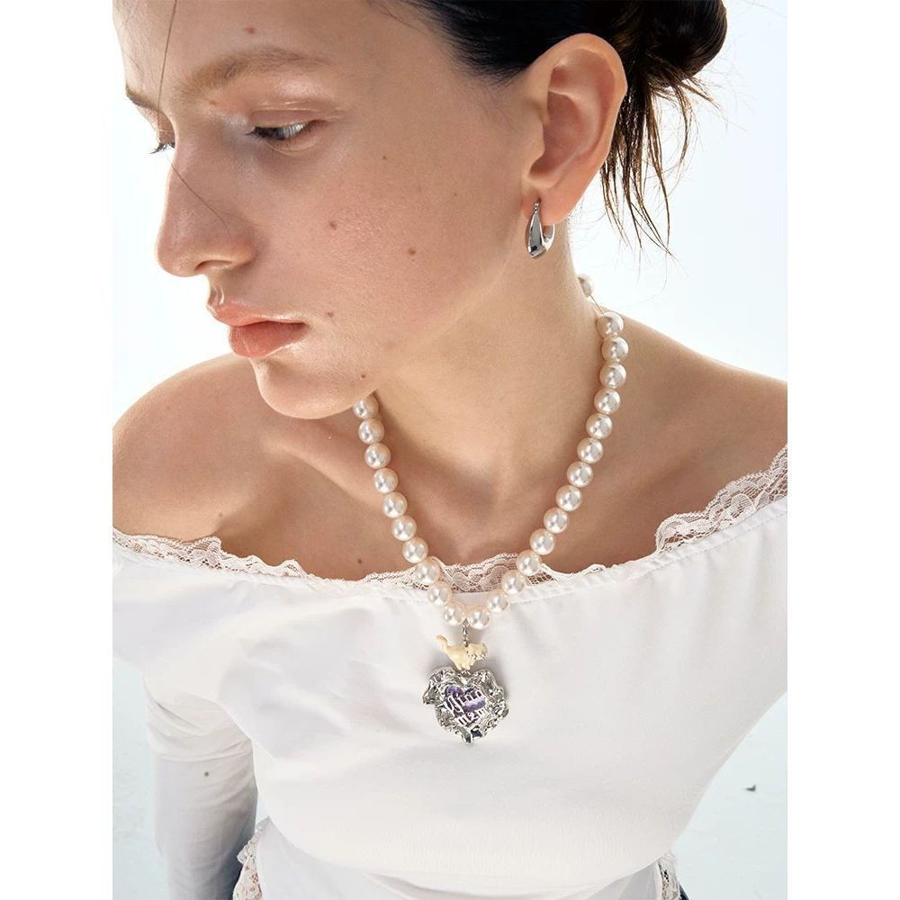 New Product#Original Niche Cat Heart Pearl Necklace for Women, Light Luxury Sweater Chain10Y Y8XW