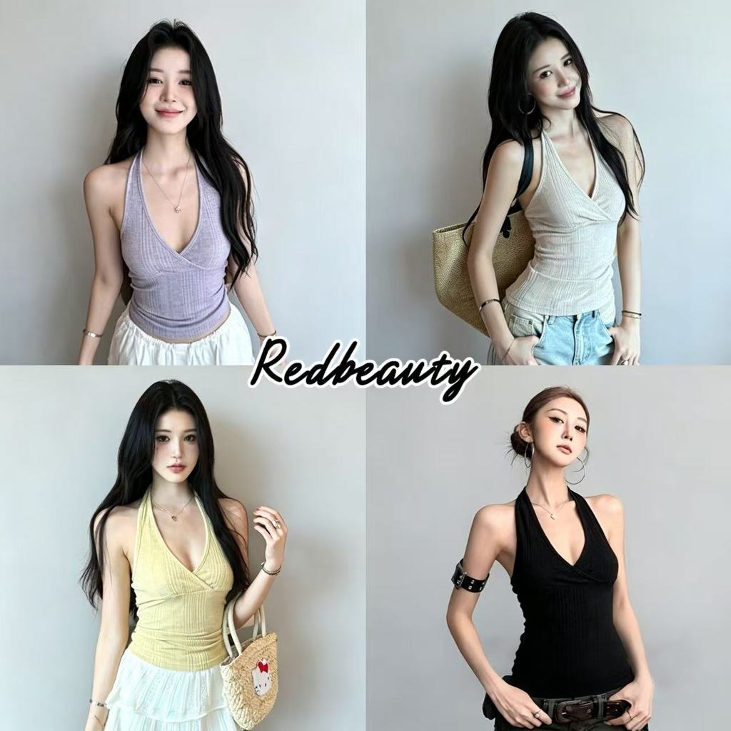 RedBeauty🌹4สี🌹เสื้อสายเดี่ยวคอวีทรงสวยเซ็กซี่สำหรับผู้หญิง สไตล์ใหม่ ช่วยให้ดูผอมเพรียวและเข้ารูป สั้นและทันสมัย