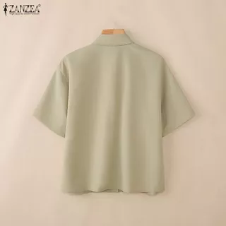 ZANZEA ผู้หญิงเกาหลี Street Stylish Turn-Down-Collar แขนสั้นปักพิมพ์ปุ่มเสื้อ