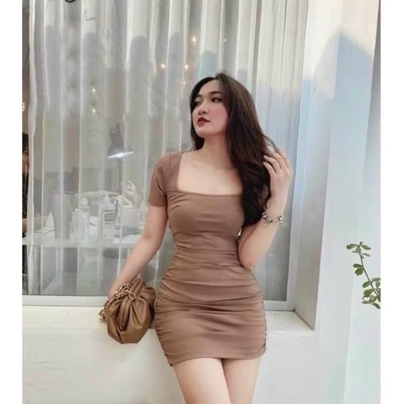 B100s ชุดเดรส QC bodycon คอเหลี่ยม แขนสั้น ยืดหยุ่นดี ไซส์ต่ํากว่า 53kg