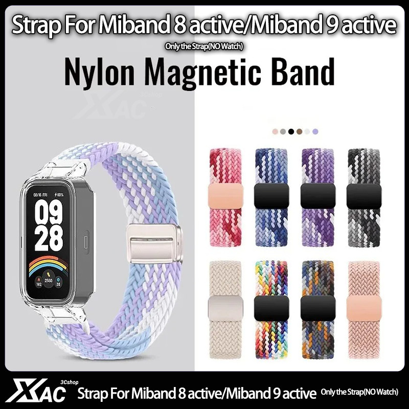 สายรัดแม่เหล็กไนลอนและเคสป้องกันสําหรับ Xiaomi Smart Band 9 8 สาย Active พร้อมเคส PC แบบใสสําหรับ Redmi Smart Band 2