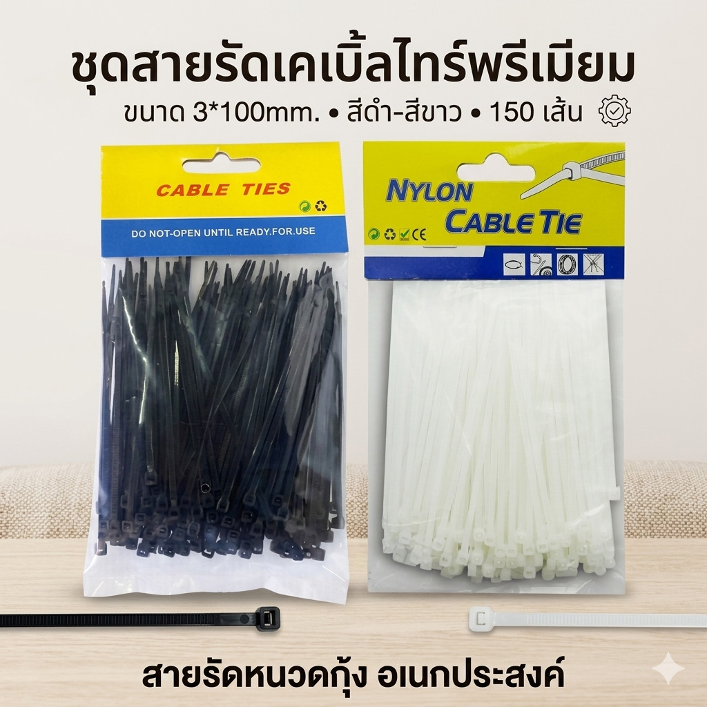 เคเบิ้ลไทร์ 3*100mm. สีดำ สีขาว (150 เส้น) Cable Tie หนวดกุ้ง
