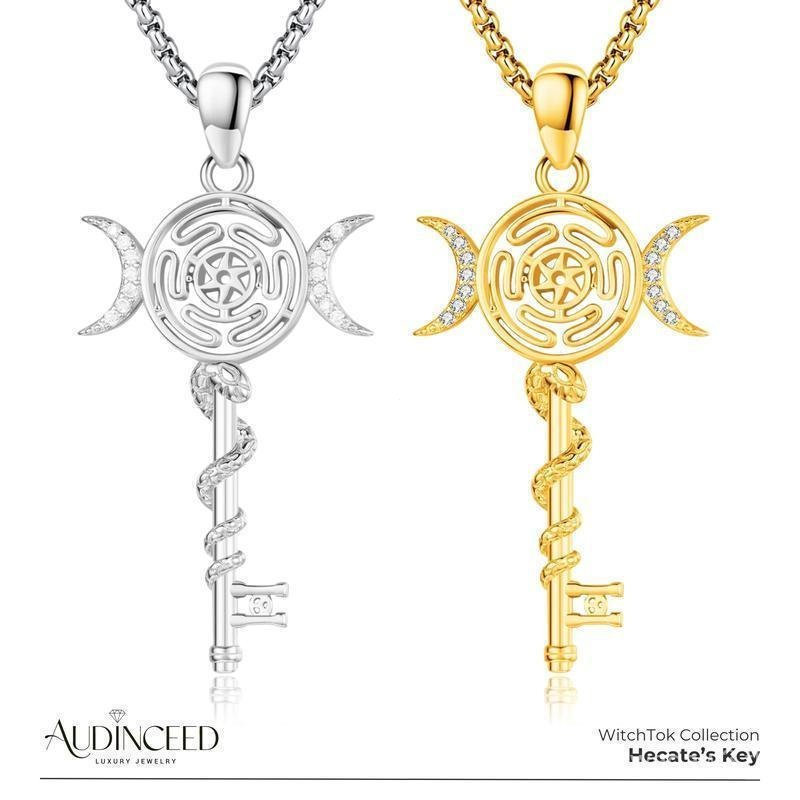 Audiceed Hecates Key S925 Sterling Silver Moonstone Necklace, Witchtok Collection, Hekate Triple Moo