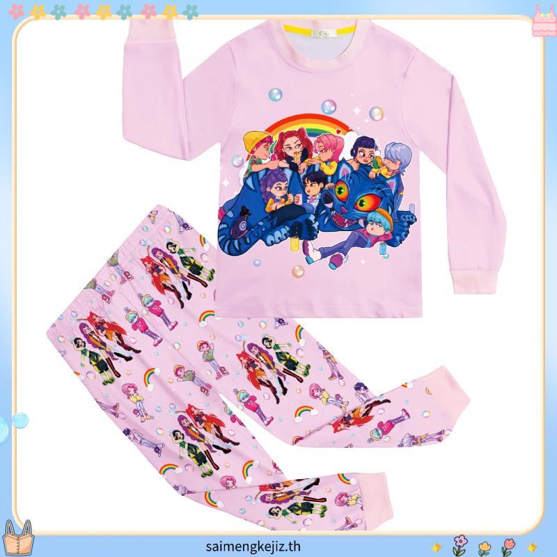 K-POP: KPop Demon Hunters 2PCs ชุดนอนเด็กการ์ตูน Pyjama เสื้อแขนยาวกางเกง Casual ชุดนอนสําหรับเด็กทา