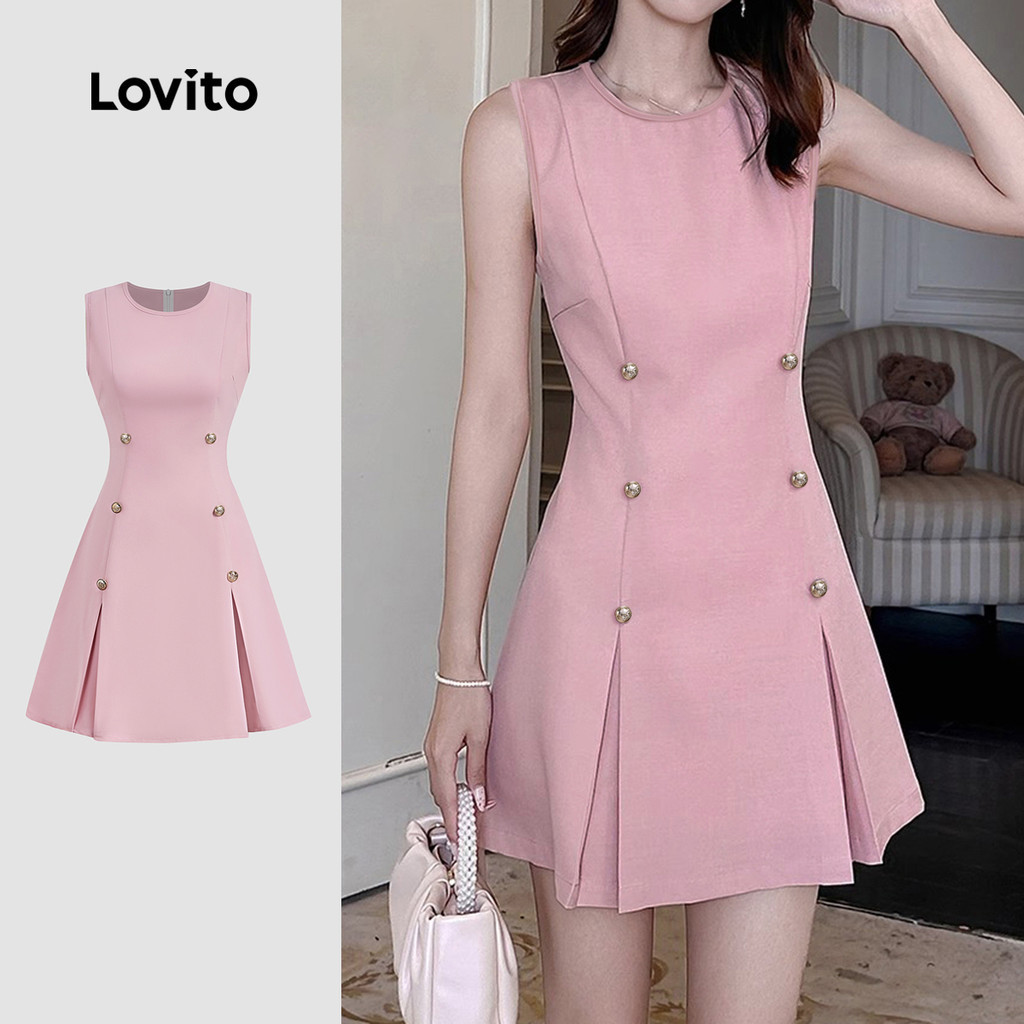 Lovito ชุดกระโปรงดีไซน์หรูหรา มีสายรัดโลหะลายเส้น ชุดกระโปรงจีบบุนวมสำหรับฤดูใบไม้ผลิ/ฤดูร้อน สีชมพู L155ED2366