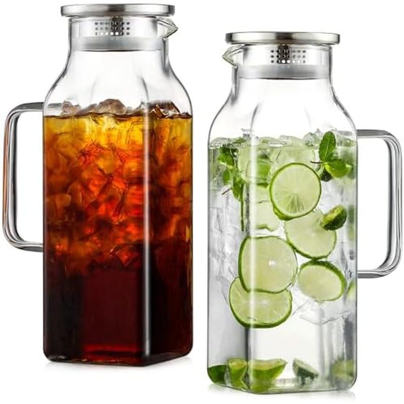 Netany 2 Pack 2 Liters/68 oz Square Glass Pitcher with Lid and Handle for Fridge, Iced Tea and Coffe