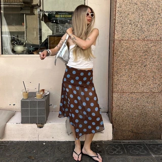 Dahong 99410 กระโปรงยาวผ้าพริ้ว ดีเทลลายจุด แฟชั่นผู้หญิงใหม่ Contrast สี Polka Dots ไม่สม่ําเสมอตาข่ายดูผ่านกระโปรงยาว