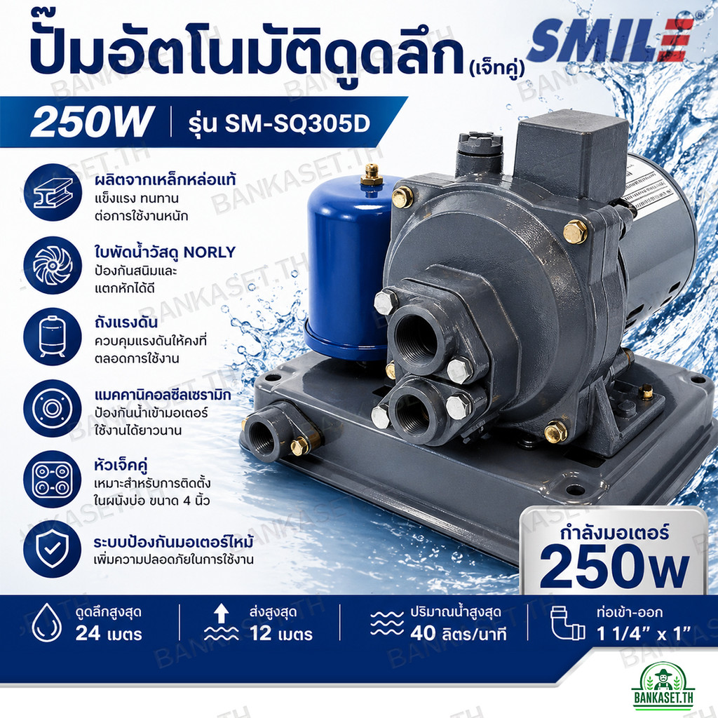 SMILE ปั๊มน้ำอัตโนมัติดูดลึก (เจ็ทคู่) 250W รุ่น SM-SQ305D ปั๊มดูดน้ำบาดาล ปั๊มเจ็ทคู่ แรงดันคงที่ น