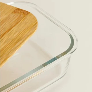 กล่องอาหารกลางวันเตาอบไมโครเวฟ, แก้ว Borosilicate สูงกล่องเก็บของสด, ฝาไม้ไผ่กันรั่วแบบพกพาทน
