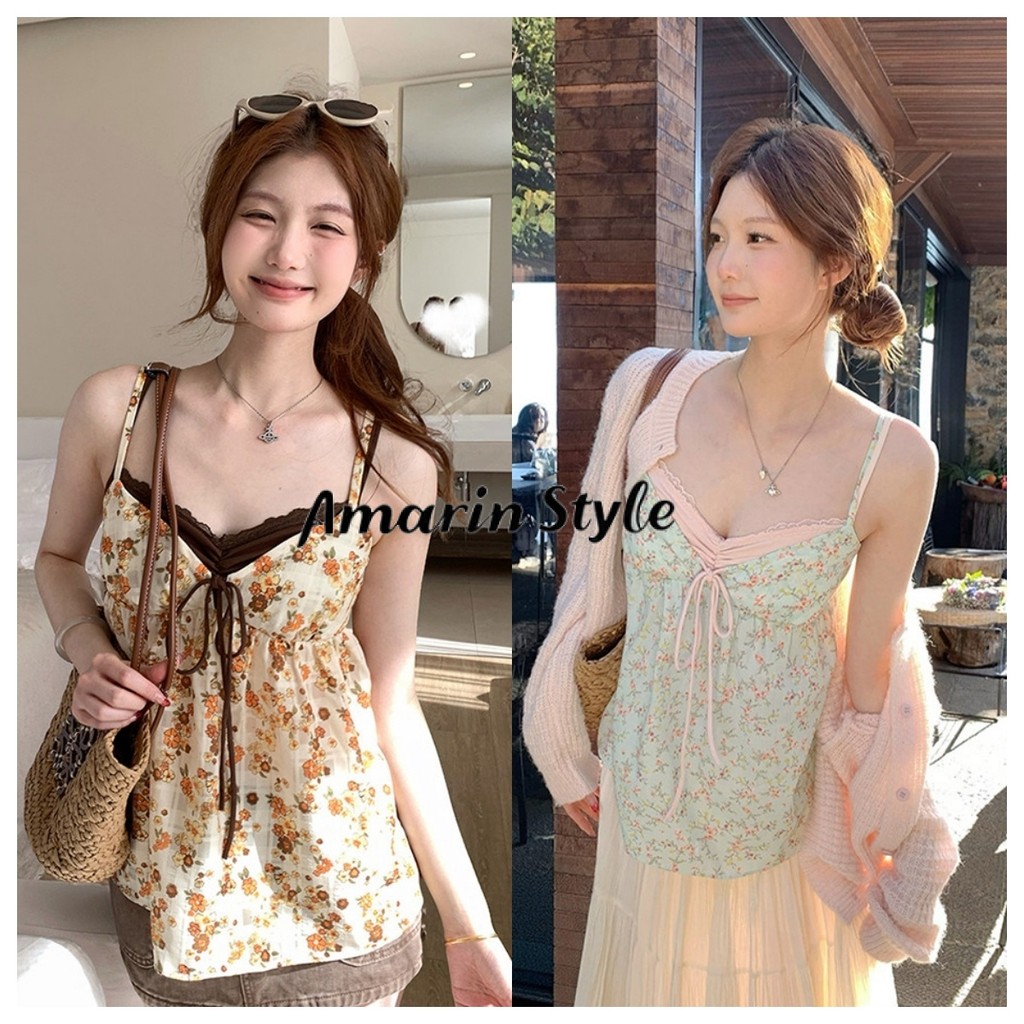Amarin🌸พร้อมส่ง🌸 เสื้อสายเดี่ยวลายดอกไม้ แต่งโบว์ผ้าสีสันสดใส ยืดตามตัว สไตล์เกิร์ลลี่ 2026 แฟชั่นผู้หญิงยอดนิยมFY2038#1