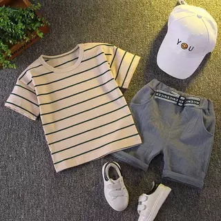 [Cotton Life]เสื้อยืดแขนสั้นลายทางเด็กผู้ชาย กางเกงลำลอง ใส่ไปโรงเรียน ออกไปเที่ยว