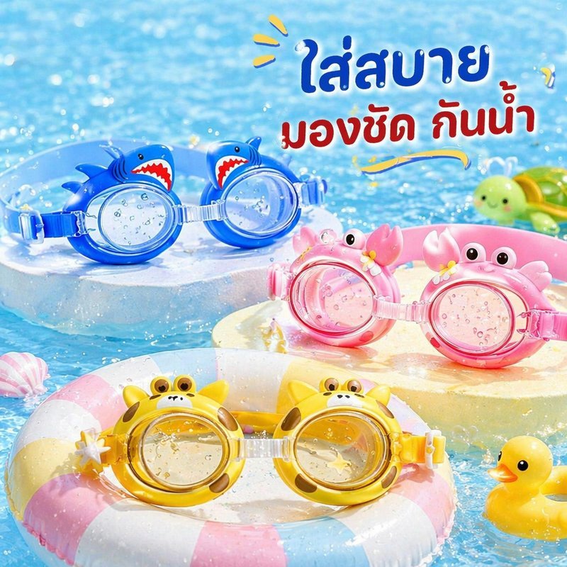 แว่นตาว่ายน้ำเด็ก แว่นว่ายน้ำการ์ตูน กันฝ้า กันน้ำ ซิลิโคนนุ่ม ปรับสายได้ ใส่สบาย สระว่ายน้ำ