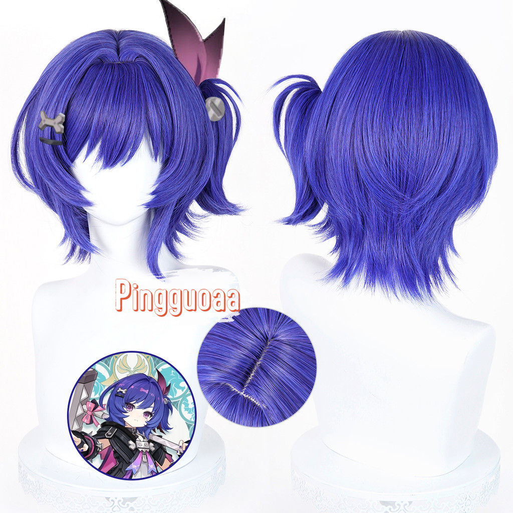 Manmei Genshin Impact Prune วิกผมอนิเมะสำหรับคอสเพลย์ สีฟ้าและม่วง ขนาด 33 เซนติเมตร ผมสังเคราะห์ทนความร้อน