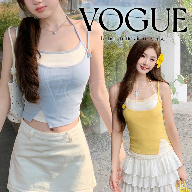 Vogue🌟พร้อมส่ง🌟 เสื้อสายเดี่ยว ดีเทลแต่ง2ชั่น สีสันสดใส มีฟองน้ำในตัว น่ารัดสไตล์สาวเกา (FY33070)
