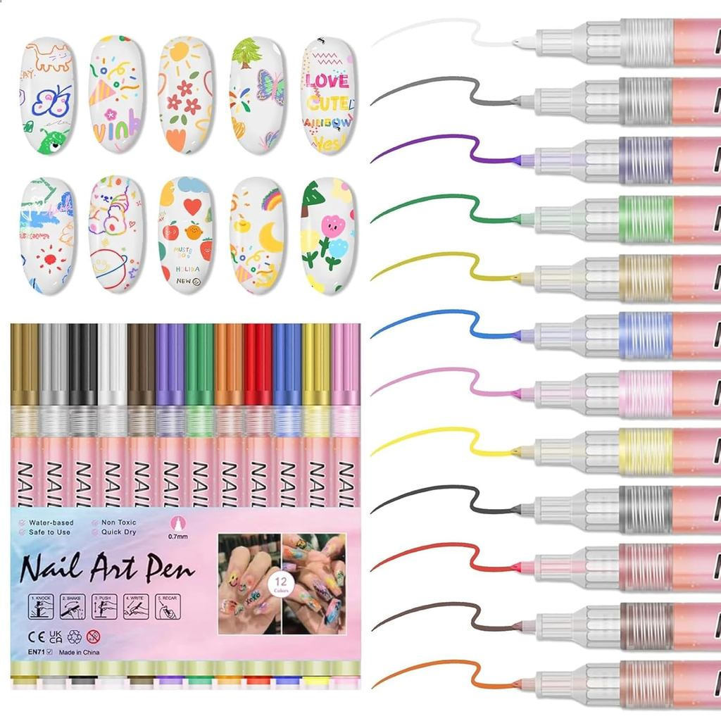 12ชุดปากกาเพ้นท์เล็บสีสันสดใส,2026New3D Pen,Painting and Nail Art Liner Pen,Doodle Dot Pen,Nail Art 