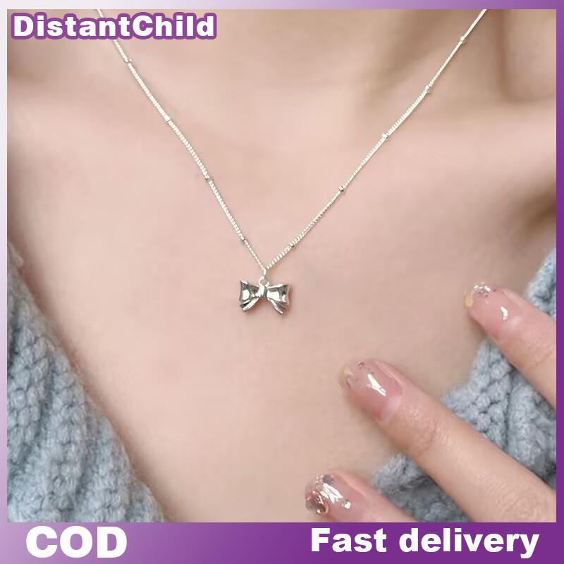 DSTH เงินสี Smooth Bow จี้ Nelace ผู้หญิงคอ Minimalist Ne CHAIN ของขวัญวันเกิดหรูหราเครื่องประดับ DS
