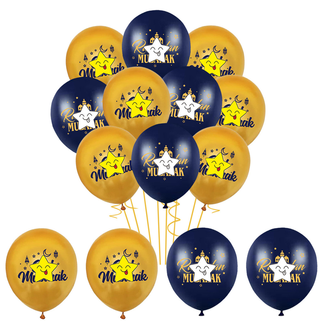 ((10 ชิ้น) Moon Festival Night Blue Gold Balloon, 12 นิ้ว Latex Balloon, ตกแต่งปาร์ตี้