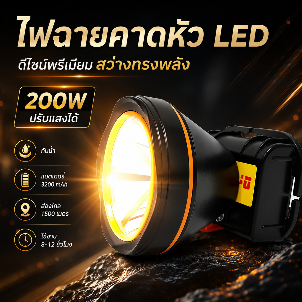ไฟฉายคาดหัว LED 200W สว่างสูง ส่องไกล1500เมตร กันน้ำ ชาร์จได้ ใช้งานยาวนาน 8-12ชั่วโมง สำหรับตั้งแคมป์ ตกปลา งานกลางคืน
