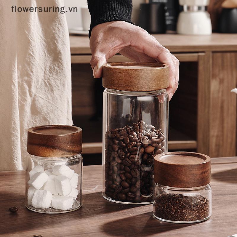 {FLO} Coffee Bean Glass Sealed Jar Tea Coffee Powder Spice Sealed Storage Jar Acacia Wood Lid Glass 