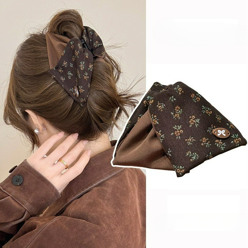 ใหม่มาถึงสีกากีดอกไม้พิมพ์เปลือกรูปร่างสามเหลี่ยมคลิปผม Hairpin เกาหลี Headwear